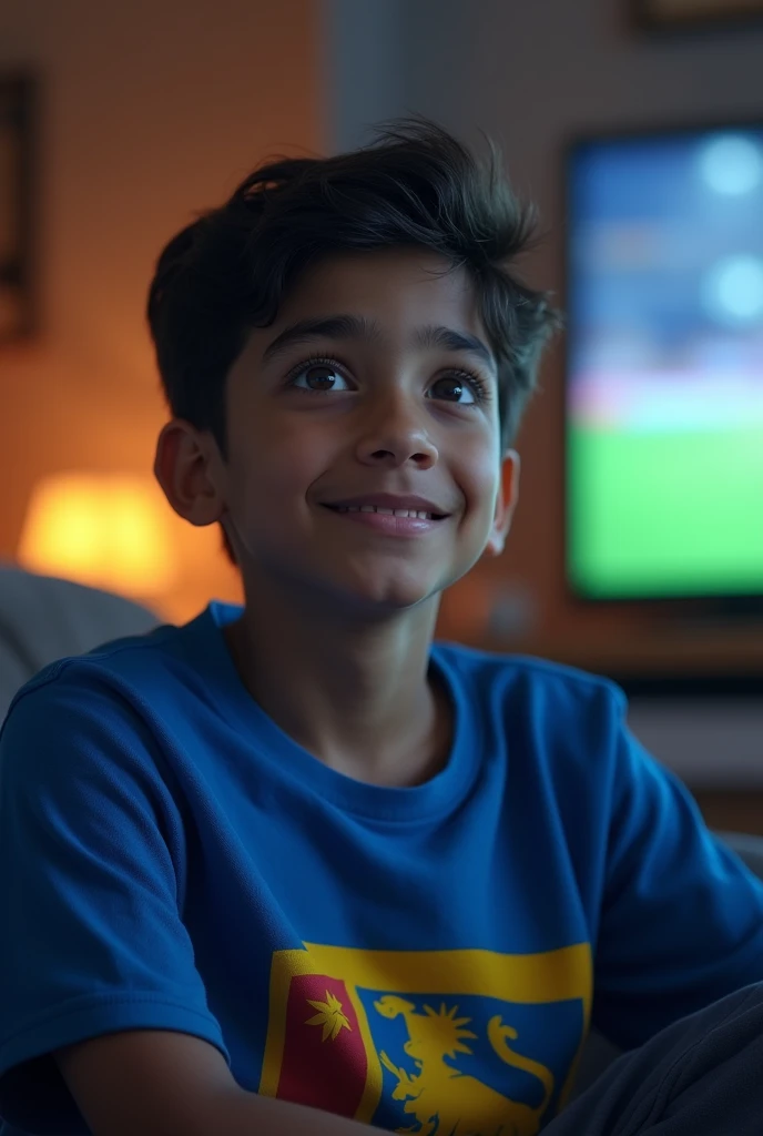 Happy 10 year old child in living room of his house with mobile phone in hand with detailed fingers, Blue sofa, casa simples, fundo com varios quadros de games, brunette child