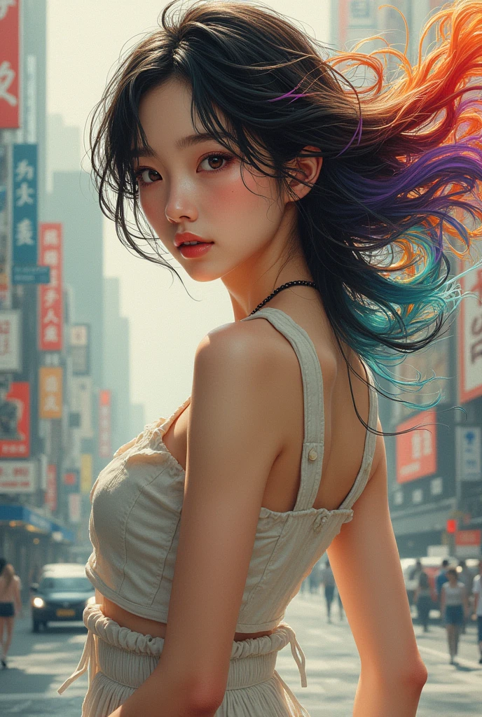 ((masterpiece)), ((Highest quality)), (Beautiful Japanese girl portrait), Eye for perfect detail, Face in perfect detail, Very elaborate nose, Open your mouth, Perfect muscle, Perfect Teeth, A well-defined body, Tight clothing that shows the lines of the body, Charm, Perfect Face, Dimples on cheeks, Depth of written boundary, High resolution, ((Incredibly realistic skin texture)), (Well-proportioned hands), Thin lips, Random color hair, Floating multicolored hair, Narrow waist, Big City Background