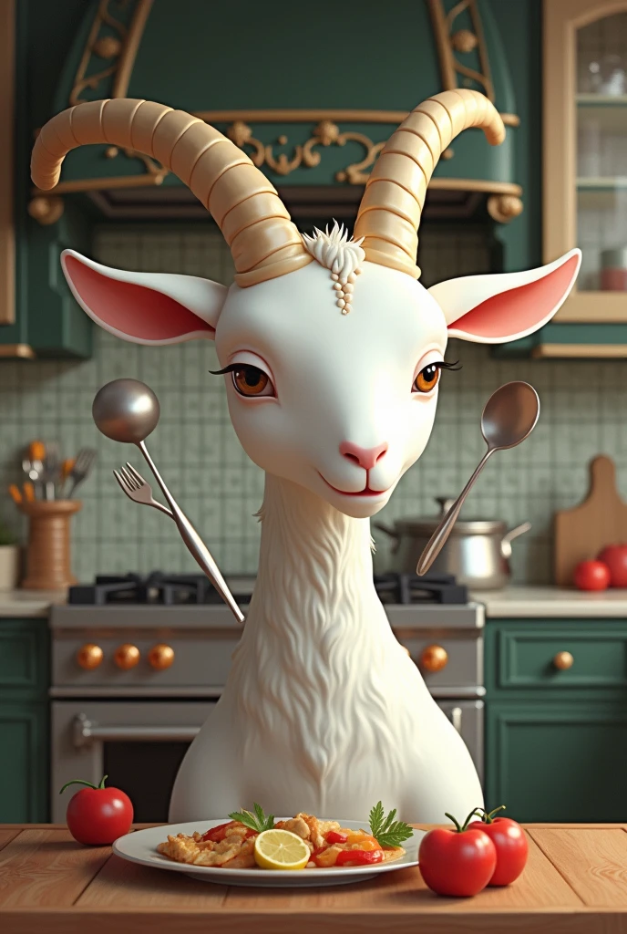 A white goate head that have a spoon, fork and tongs behind his head and beautiful kitchen in the background