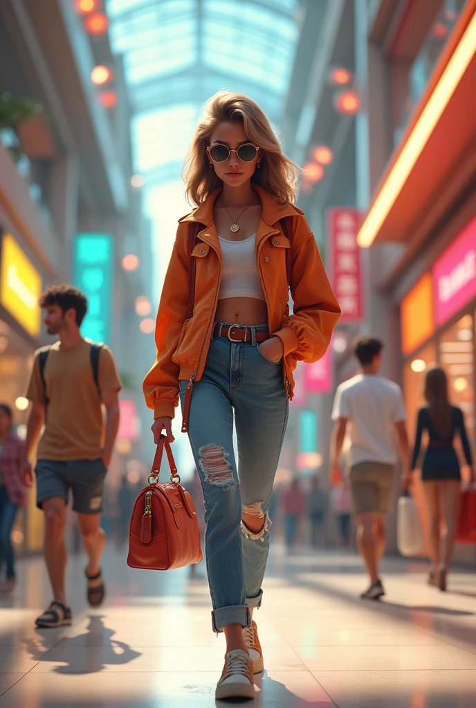 A girl wearing a good oufits, in a mall walking 