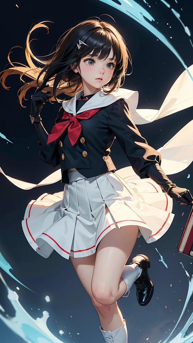 Create an anime-style illustration of Rinwell from Tales of Arise, but instead of her usual outfit, she is wearing the school uniform of Sakura Kinomoto from Cardcaptor Sakura. Rinwell has short black hair with a side-swept fringe and a yellow star-shaped hairpin. Her expression is confident and slightly playful, holding an open magic book in one hand.
She retains her original blue thigh-high boots adorned with yellow stars, and the matching black gloves. However, the rest of her outfit is replaced with the Tomoeda Elementary school uniform, consisting of:
A black, long-sleeved shirt with a sailor-style collar, adorned with white and red stripes.
A white scarf tied at the front, completing the look.
A white pleated skirt that matches the traditional serafuku style.
The overall color scheme combines the dark tones of the uniform with the blue and yellow accents from Rinwell's boots and gloves.
The background is a soft pastel, with gentle, warm colors to evoke a sense of magic and school life combined."