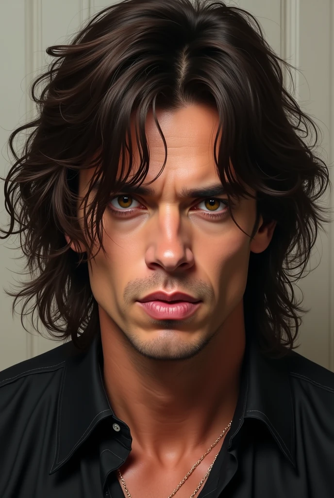 You can create an image of an  man with dark brown hair down to below his shoulders with honey colored eyes and pink lips Mick Jagger 