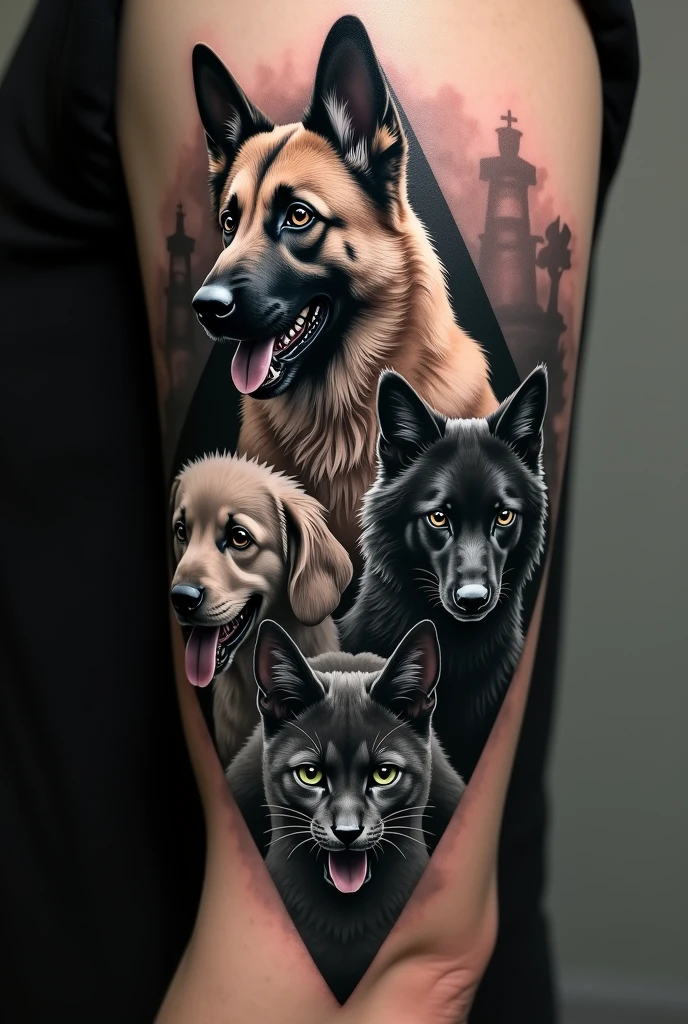 create a realistic black and grey arm tattoo with three elements, being two dogs and a cat. The three animals are forming a triangle, positioned as follows: The bigger dog is alone and right below him, on the sides comes the smaller dog and the cat. create something new, single and mixed, something nice, that has a coherence. The biggest one is a German Shepherd Panda, he has a lighter spot on his forehead and his chest is white, he's open-mouthed; the smaller dog is a very dark gray black, your ears are drooping, he has a white chest, the white snout, the hair is a bit wavy, has the tip and the whole of the paws white, He is a medium-haired poodle and his mouth is half open with his tongue slightly out.; the cat is black with green eyes, with white details on the chest in a diamond shape, the tips of the paws are white, the tail is thin and the tip of the tail is white, she is serious looking ahead.