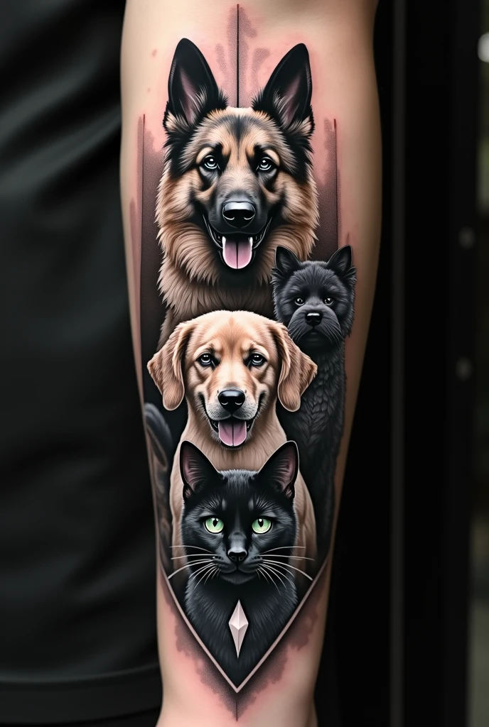 create a realistic black and grey arm tattoo with three elements, being two dogs and a cat. The three animals are forming a triangle, positioned as follows: The bigger dog is alone and right below him, on the sides comes the smaller dog and the cat. create something new, single and mixed, something nice, that has a coherence. The biggest one is a German Shepherd Panda, he has a lighter spot on his forehead and his chest is white, he's open-mouthed; the smaller dog is a very dark gray black, your ears are drooping, he has a white chest, the white snout, the hair is a bit wavy, has the tip and the whole of the paws white, He is a medium-haired poodle and his mouth is half open with his tongue slightly out.; the cat is black with green eyes, with white details on the chest in a diamond shape, the tips of the paws are white, the tail is thin and the tip of the tail is white, she is serious looking ahead.