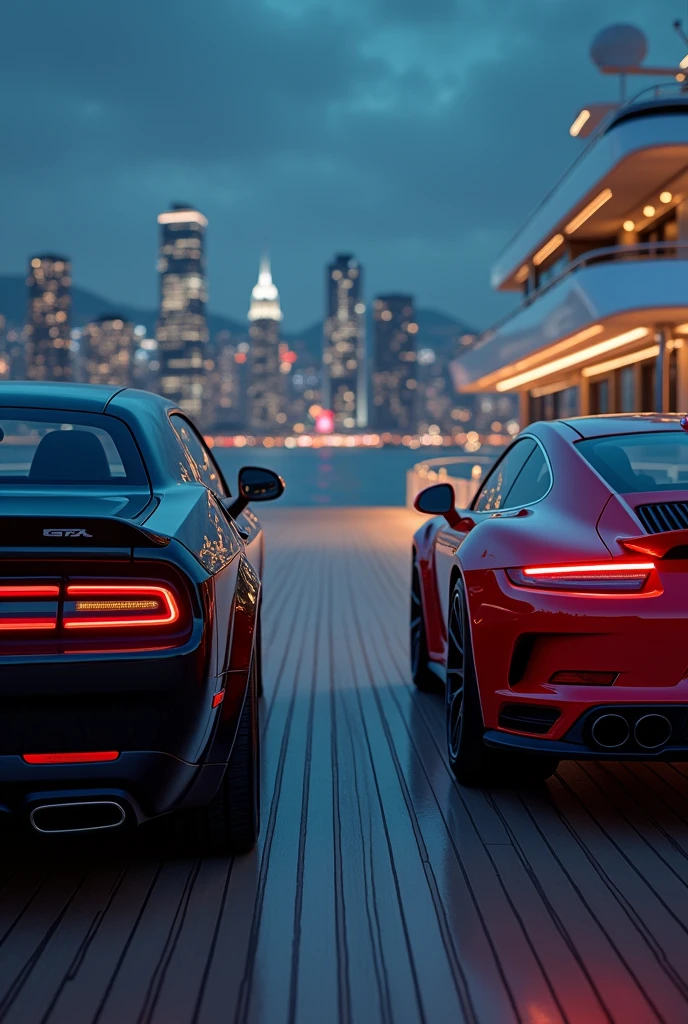 Dodge Challenger and Porsche GT3 RS on a luxury yacht, city in the background blurred, luz outfit, at night, that looks real, without people 