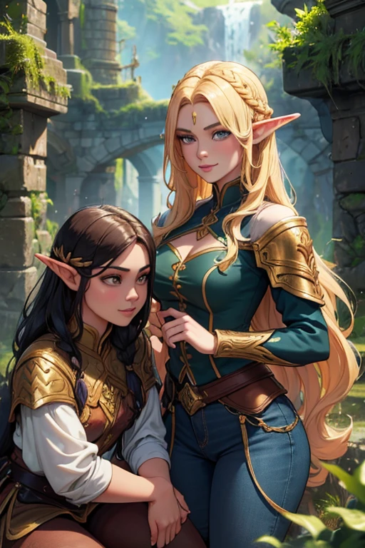 2 gorgeous elven warrior twins, long braided golden hair, baroque elven armor, battle-worn, magic, jeans, short top, smiling, fantasy, dynamic pose, castle ruins in a forest background, dramatic, chromatic aberration, (best quality,4k,8k,highres,masterpiece:1.2),ultra-detailed,(realistic,photorealistic,photo-realistic:1.37),studio lighting,vivid colors,professional