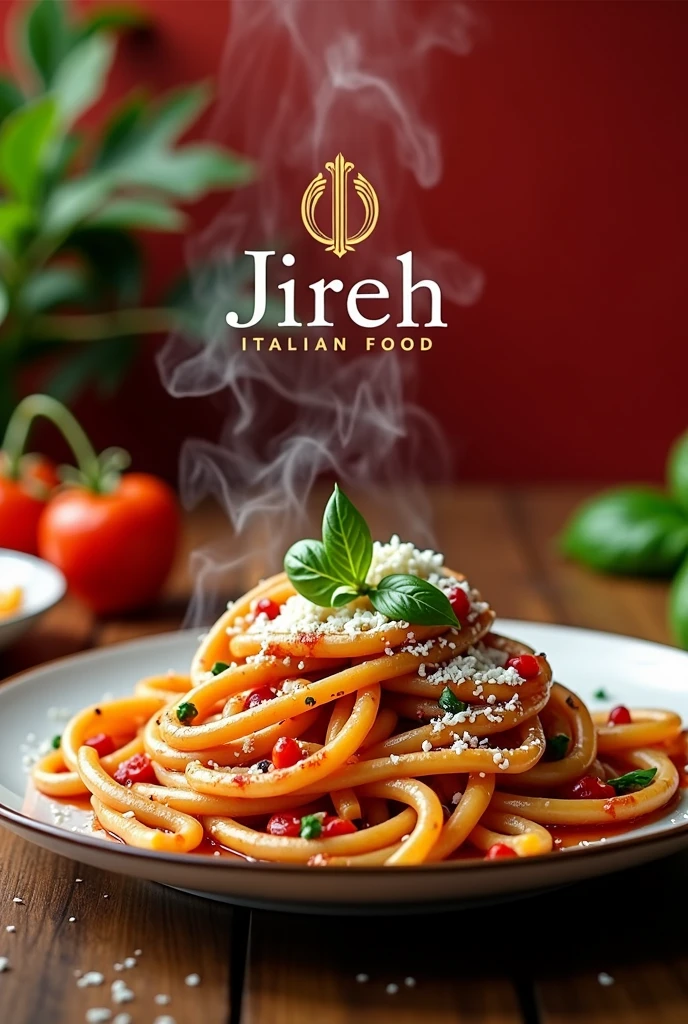 Please create an Instagram ad for the restaurant called Jireh Italian food. Create a well-crafted photo in red color palettes, green and white.