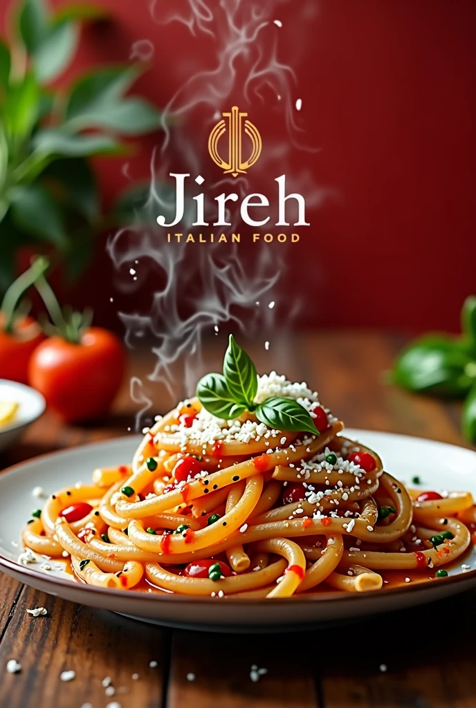 Please create an Instagram ad for the restaurant called Jireh Italian food. Create a well-crafted photo in red color palettes, green and white.