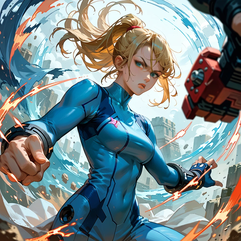 Samus Super Smash Bros battle pose. Midjourney and anime art style. Epic Look. Menacing. Heroic. High Quality.