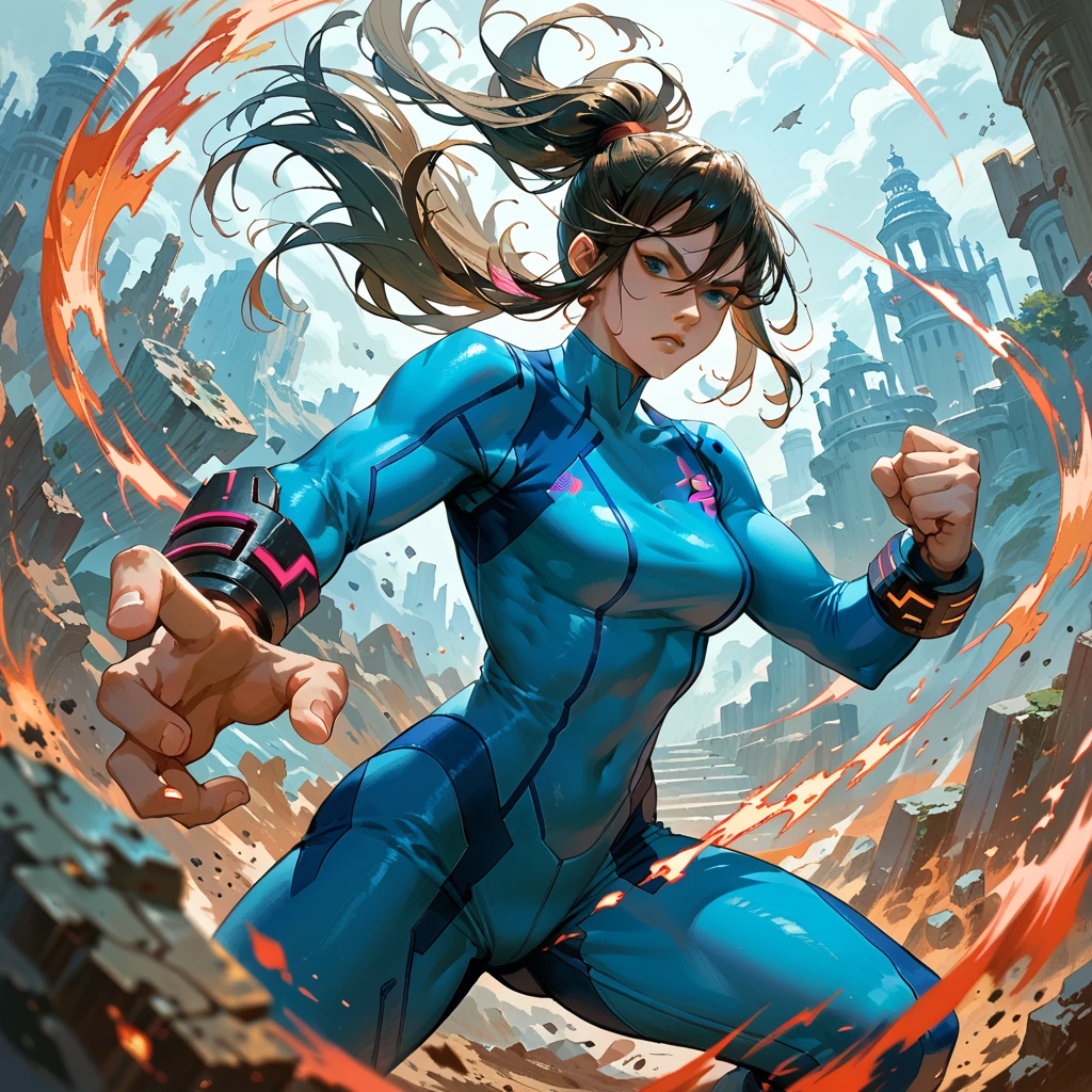 Samus Super Smash Bros battle pose. Midjourney and anime art style. Epic Look. Menacing. Heroic. High Quality.