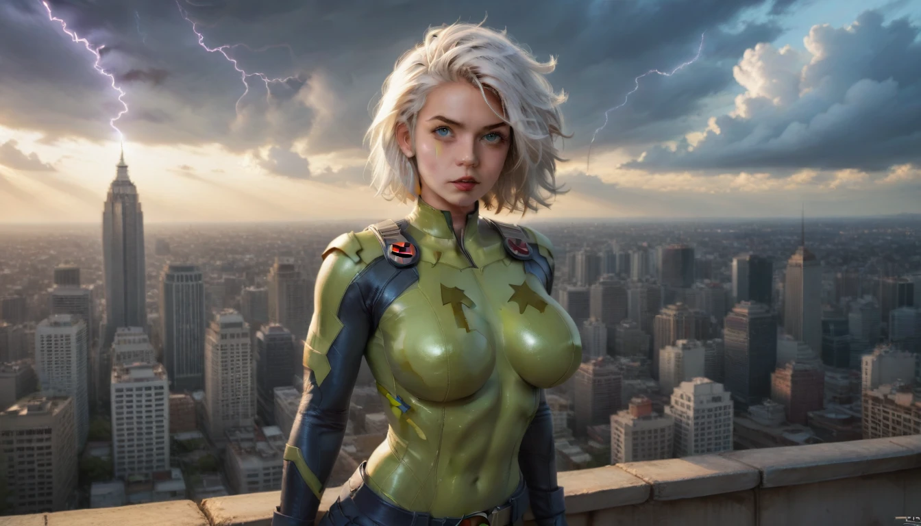 a realistic photo, hdr definition, hyper detailed, 12k, x-men storm, she concentrates, menacing look, she is wearing her combat outfit (breast: 1.2), the details of her outfit are hyper detailed, the sky is unleashed , clouds and lightning strike the city, marvel style background, the details of this scene make this photo a masterpiece