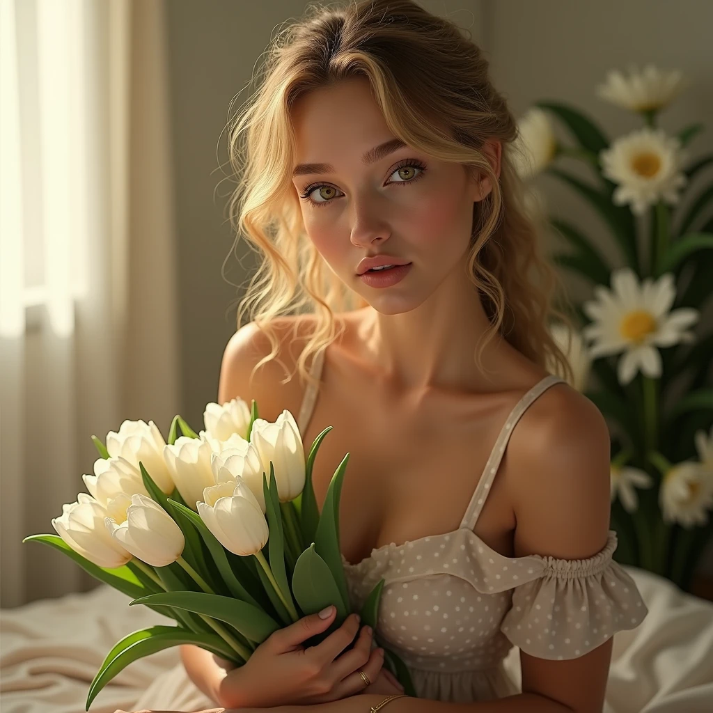 Toffee color skin, beautiful toffee mixed woman with long blond very curly hair flat bat and extremely detailled clear yellow eyes, A soft and intimate indoor scene featuring a woman sitting on a nude bed, holding a bouquet of white tulips close to her chest. The woman has curly hair tied up loosely, with soft lighting filtering through a nearby window, casting a gentle glow on her. She wears a delicate, off-the-shoulder sexy dress with a subtle polka dot pattern, creating an elegant and nostalgic atmosphere. The background is filled with more white flowers, enhancing the serene and romantic mood of the image. The overall ambiance is one of quiet reflection and delicate beauty. Ultrarealism, realism, real