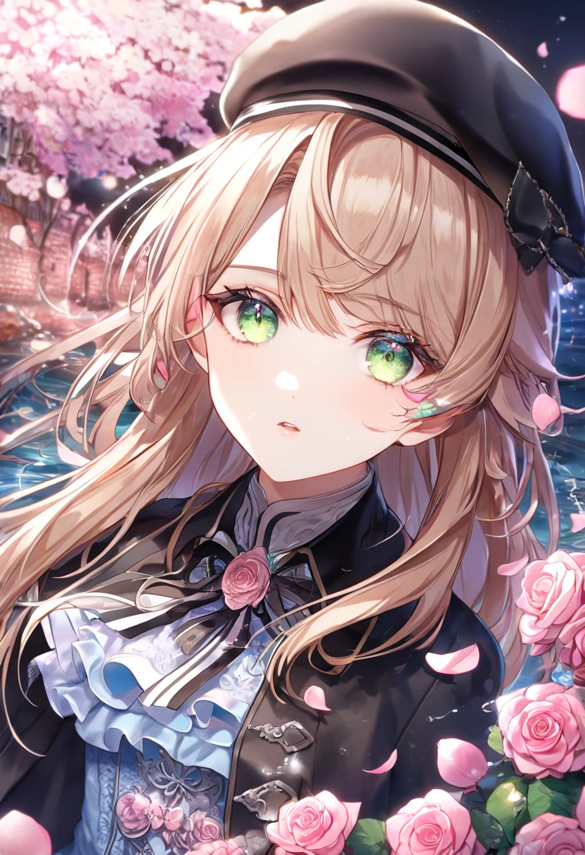 absurdres, highres, ultra detailed, HDR, master piece, Heroine, light brown hair, middle-lenght hair, expressive light green eyes, black beret, black coat, light blue dress, pink rose at the side of her head, Amnesia Memories, woman, handsome, best quality, pink blossoms, pink petals, pink flowers, fantasy, magical, pink shining fireflies, solo, water, extremely beautiful