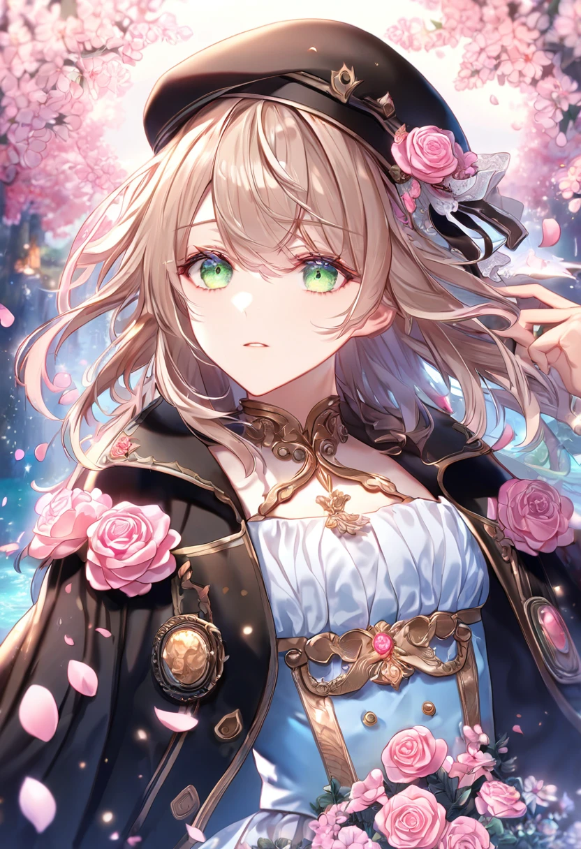 absurdres, highres, ultra detailed, HDR, master piece, Heroine, light brown hair, middle-lenght hair, expressive light green eyes, black beret, black coat, light blue dress, pink rose at the side of her head, Amnesia Memories, woman, handsome, best quality, pink blossoms, pink petals, pink flowers, fantasy, magical, pink shining fireflies, solo, water, extremely beautiful
