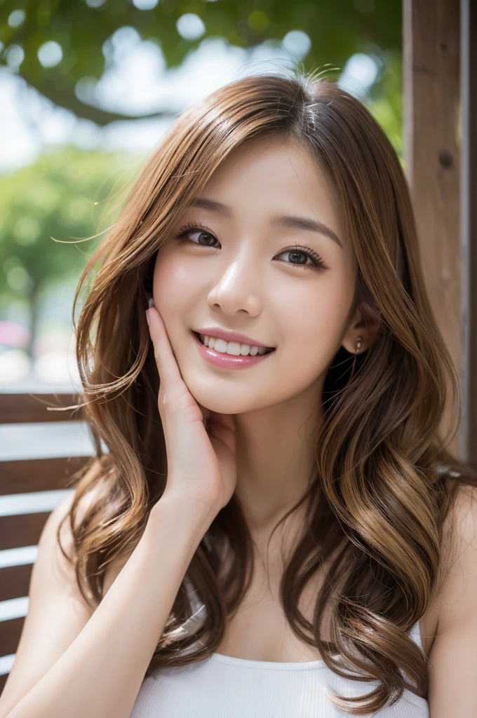 (8k, RAW photo, best quality, masterpiece:1.2), (realistic, photo-realistic:1.4), ultra-detailed, perfect anatomy, perfect limbs, perfect hand, depth of field, wide shot, cute japanese model pictures, Beautiful Face, in a summer park, ((One woman)), woman at 30 years old,(brown eyes), (dark blonde loosely curled hair.), She is looking at this way, smiling, She has blunt artificial nails, She is standing shyly in front of the bench, facing me., BREAK, (Ultra micro mini one-piece), POV