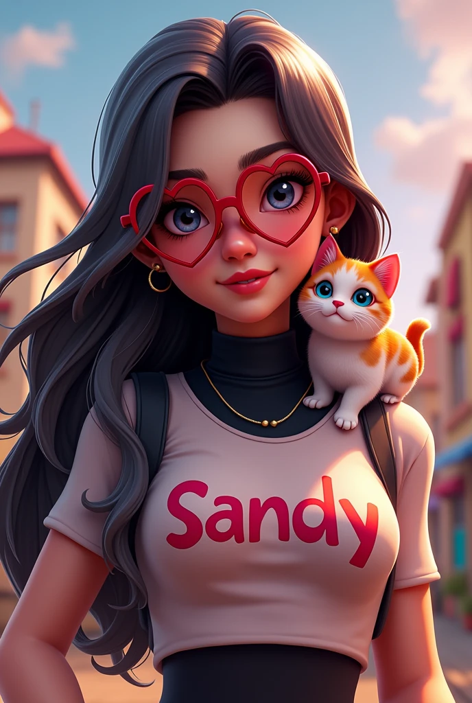 Free Fire game style female character, with big long hair and heart shaped glasses, with a kitten on the shoulder, Free Fire game style turtleneck blouse with the name SANDY written on it