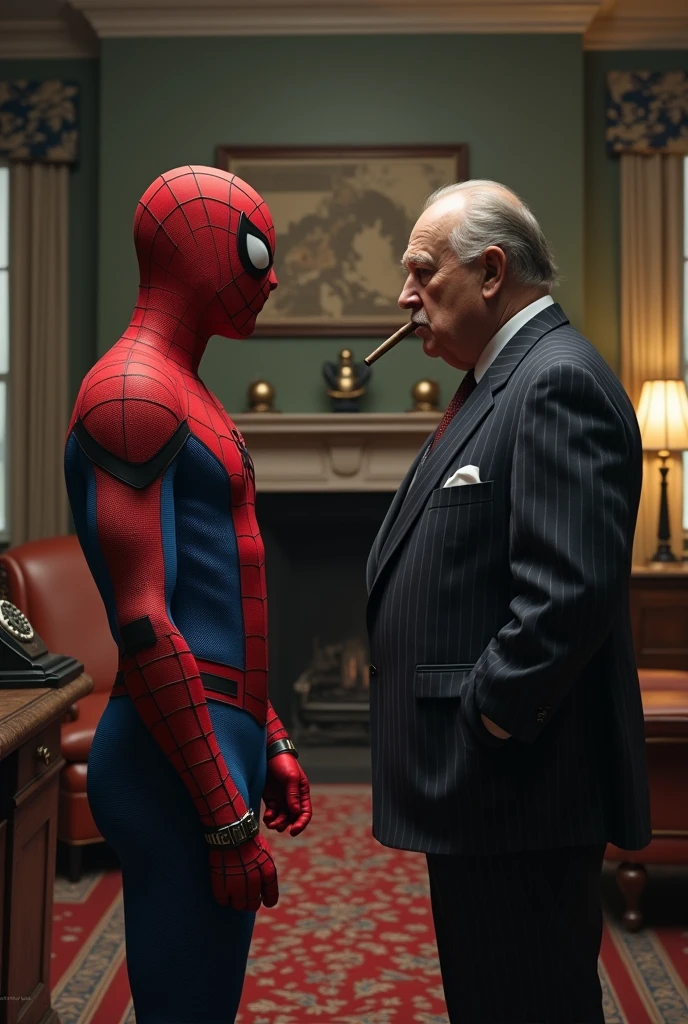 Spiderman and Winston Churchill WW2 meeting in a room