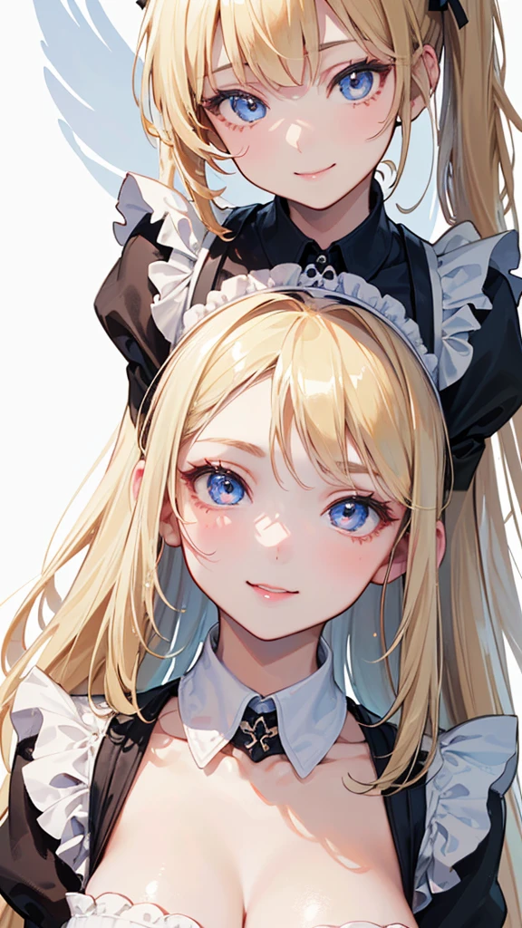 (((((3 girls:1.3、Maid clothes:1.3、super long hair、smile)))))、(((forehead、huge breasts:1.3、3 girls:1.3、white blond hair:1.3、cowboy shot:1.3、A calm face、long hair、Northern Europe、White、beautiful girl、White Blonde、Blonde、White background、cute、Young、True Face、Shiny Hair、whole body)))、, highest quality, figure, super detailed, finely, High resolution, 8k wallpaper, Perfect dynamic composition, detailed and beautiful eyes, Deco out,bionde, breasts, Natural color lip,white background, random cute poses,