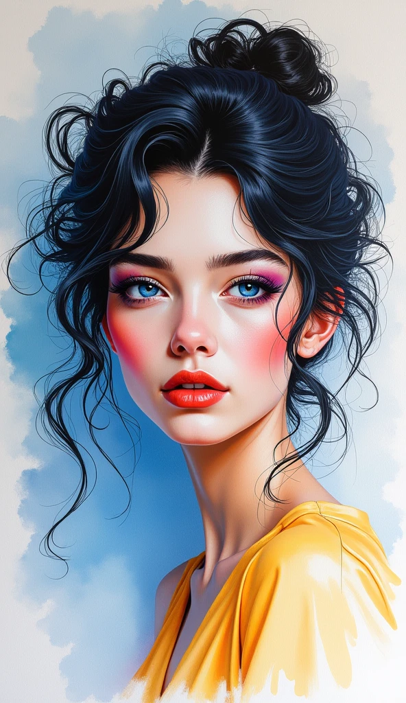8K quality, watercolor painting, stylish design Colorful beautiful girl:A girl,messy hair,oil painted,perfect face,Soft skin perfect face,blue yellow colors,Light purple and violet color added,Light red color added,Complicated details,Splash screen,8K resolution,tmasterpiece, cute face, ArtStation digital painting is smooth and very black ink flow:8k resolution photorealistic masterpiece:intricately detailed fluid gouache painting:Written by Jean Baptiste Mongue:caligraphy:propylene:water color art,professional photoshooting,natural lightting,Volumetric lighting minimalist photographic illustration:Written by Marton Bobzert: ,complex,ellegance,sprawling,dream magical,Wavy hair,with dynamism