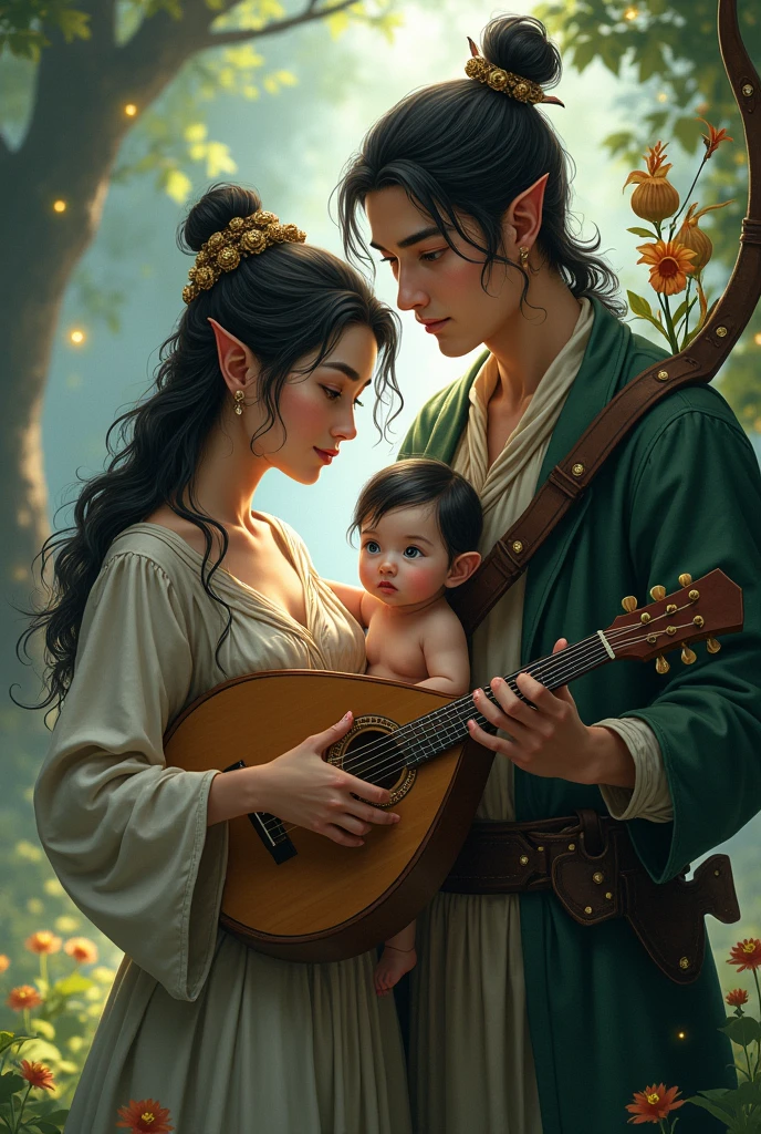 Image of a bard mother and an elf hunter father with a black-haired, gray-eyed elf baby. Magical era. Semi-realistic, almost anime style.