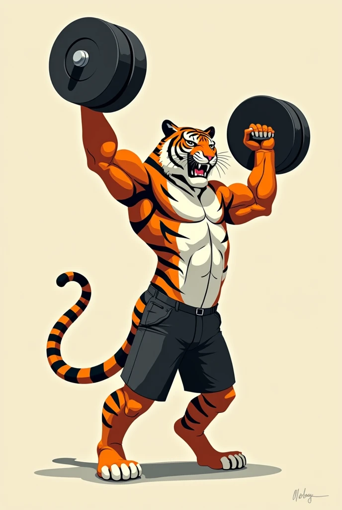 A tiger lifting a dumbbell in isotype style