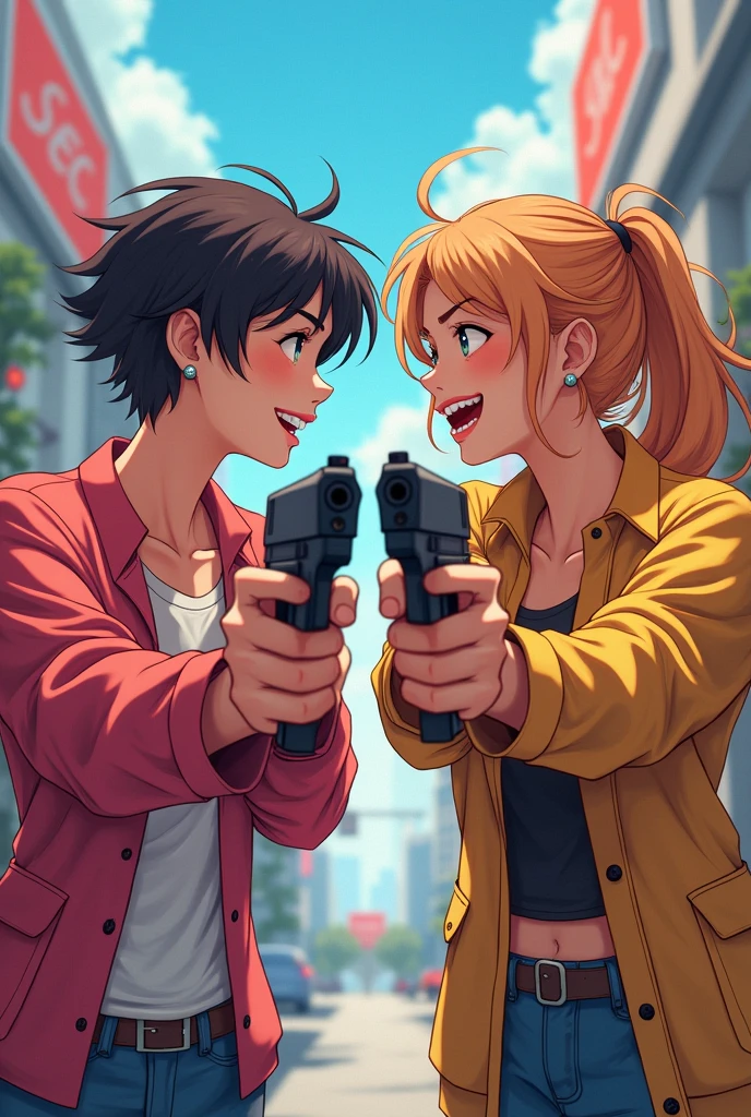 Couple with guns laughing at each other manga 