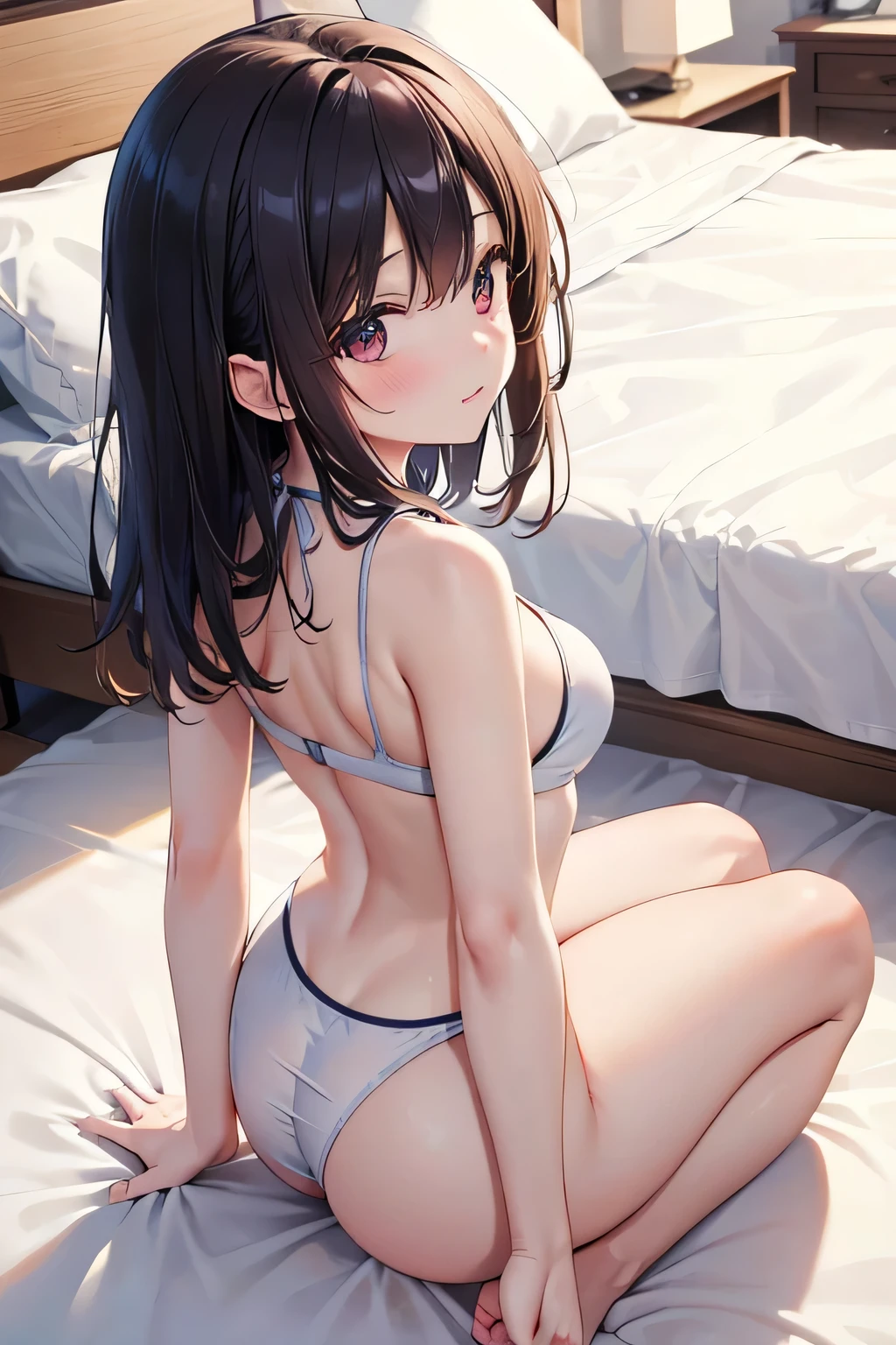 High resolution、Highest quality、Detail View、cheeks do not turn red、Slender beauty、Obedient、White school swimsuit、Small eyes、Large Breasts、Back Angle、bed、On all fours、Your butt looks good