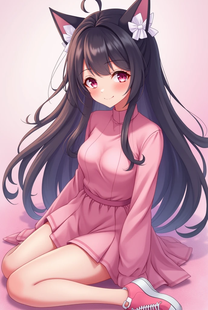 a beautiful girl with black hair with a white bow behind her hair,she wears a beautiful pink outfit,she also wears cute pink sneakers.pink eyes.and she is happy.