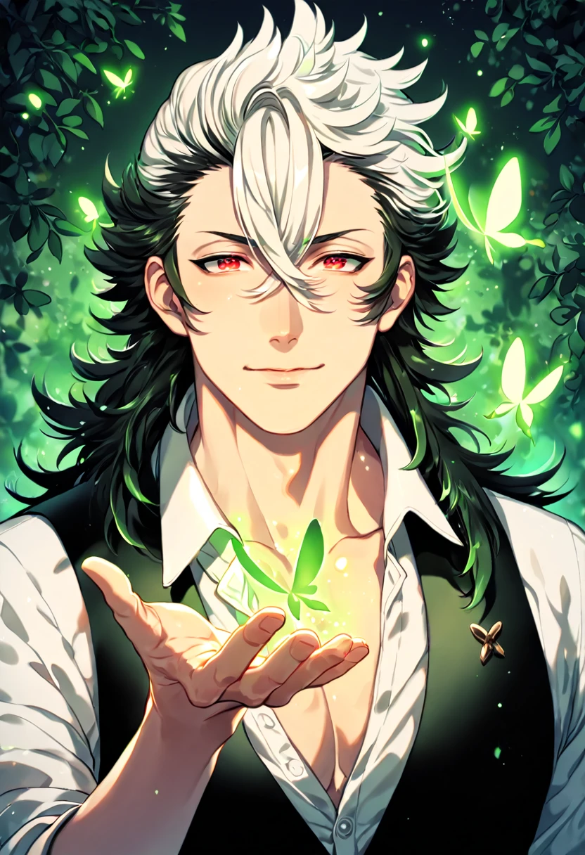 absurdres, highres, ultra detailed, HDR, master piece, best quality, extremely detailed, detailed eyes, Keaton, black and white hair, expressive red eyes, Fire Emblem Fates, solo, sexy man, sensual, handsome, manly man, adult face, white shirt, black vest, unbuttoned shirt, under a green tree, fantasy, magical, glittering fireflies, green butterflies, green flames, magic, green leaves