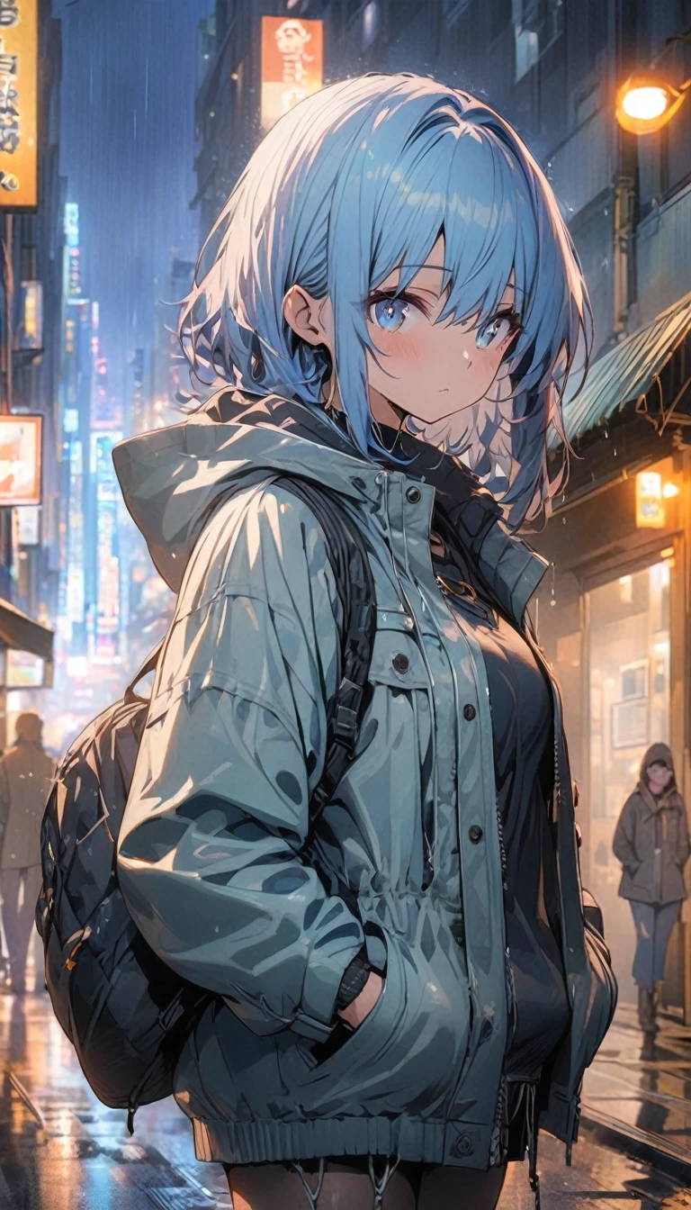 masterpiece, anime girl, short blue hair, light blue eyes, city at night, light rain, shelter, hands in pockets