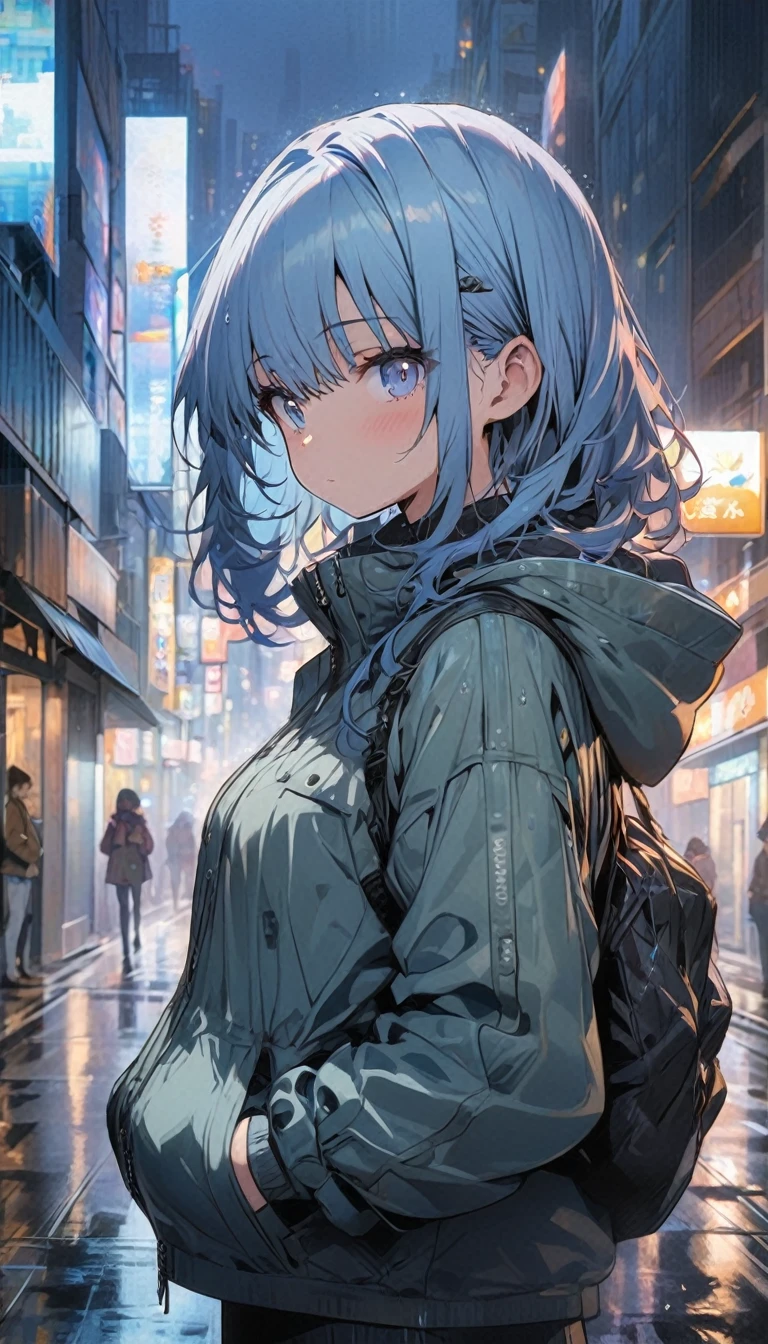 masterpiece, anime girl, short blue hair, light blue eyes, city at night, light rain, shelter, hands in pockets