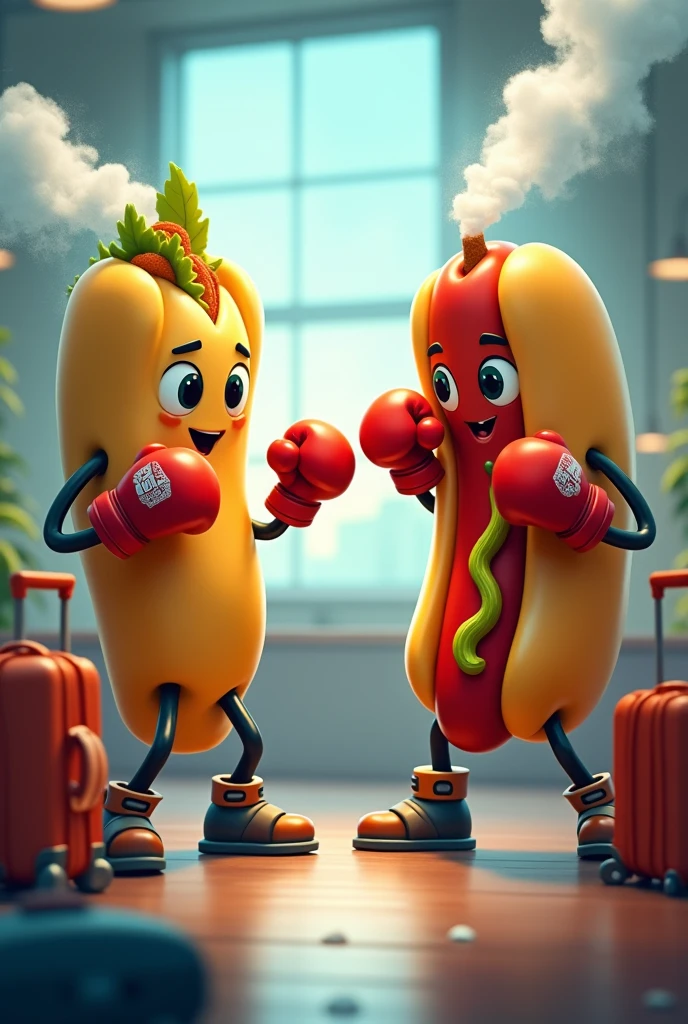 Travel tamale and hotdog with fighting gloves