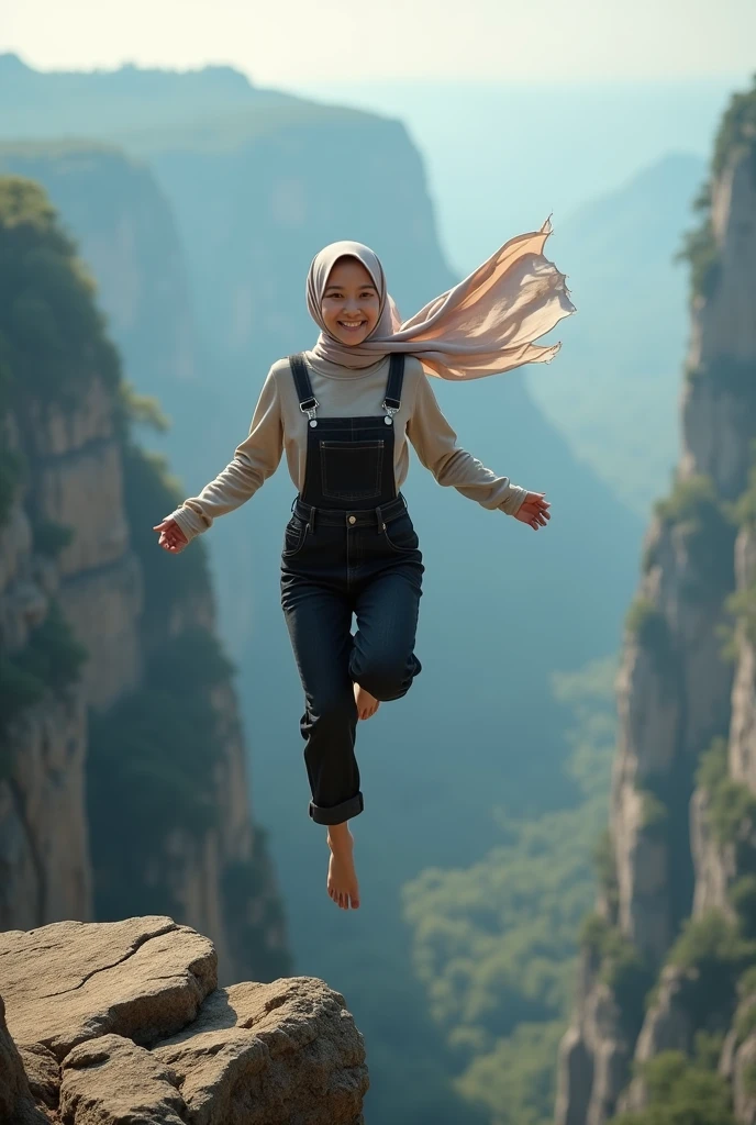 A asian woman with long hijab flowing wearing long black overall jeans sporty, jump free fall on the edge of a steep and terrifying cliff, face Smilling looking at the camera