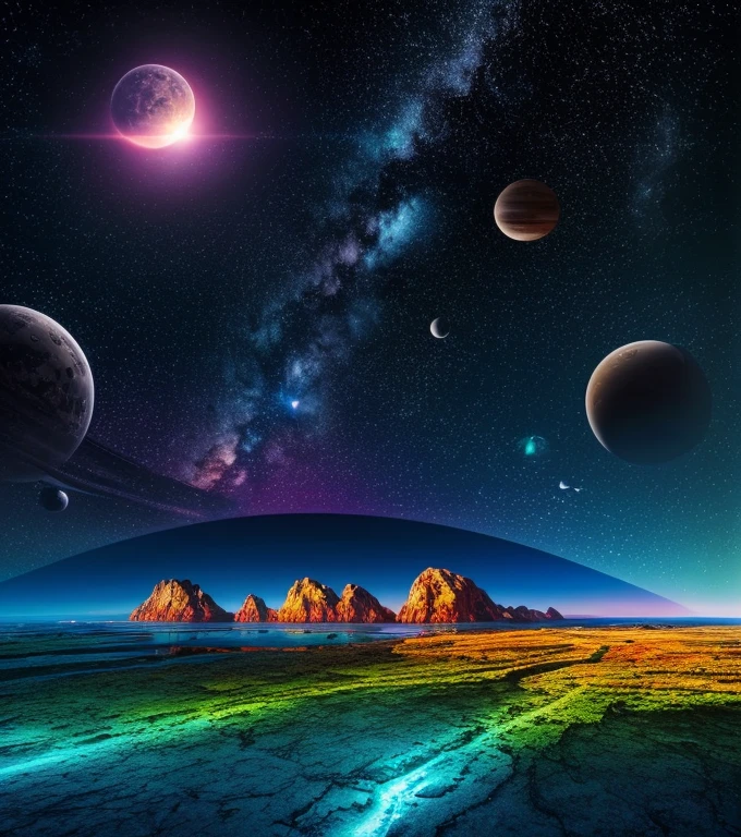 (Best quality,a high resolution,Chef-dœudansre:1.2),bright colors,ultra-detailed,alien landscape,planets of different colors in the night sky,huge stars,Landscapes from another world,Fantastic colours,