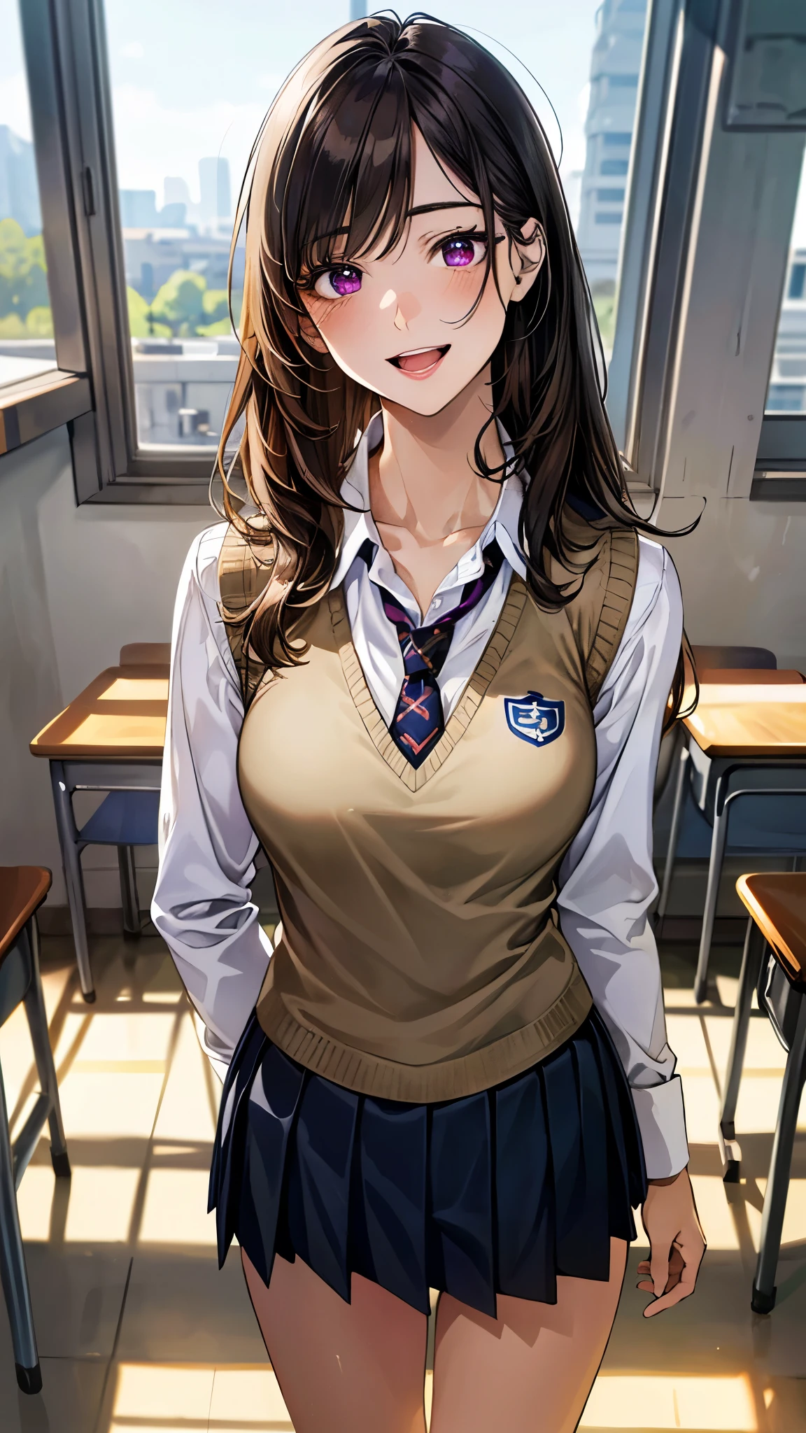 (masterpiece:1.3, top-quality, ultra high res, ultra detailed), (realistic, photorealistic:1.3), beautiful illustration, perfect lighting, natural lighting, colorful, depth of fields, surrealism, 
beautiful detailed hair, beautiful detailed face, beautiful detailed eyes, beautiful clavicle, beautiful body, beautiful chest, beautiful thigh, beautiful legs, beautiful fingers, 
looking at viewer, selfie, 1 girl, high school girl, (perfect anatomy, anatomically correct, super detailed skin), cute and symmetrical face, perfect face, perfect eyes, babyface, shiny skin, 
(long hair, straight hair, dark brown hair), swept bangs, purple eyes, big eyes, drooping eyes, long eyelashes, (medium breasts, seductive thighs), slender, outstanding style, 
(detailed cloth texture, break (khaki color knit vest), break long sleeve white collared shirt, break navy pleated skirt), break dark red tie, 
(beautiful scenery), evening, (school classroom:1.2), (standing, pose with movement), (lovely smile, open mouth),