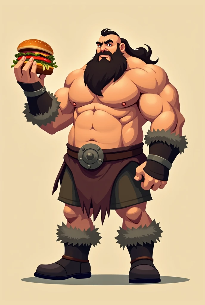 Make an image of a barbarian holding a hamburger in a flat style drawing