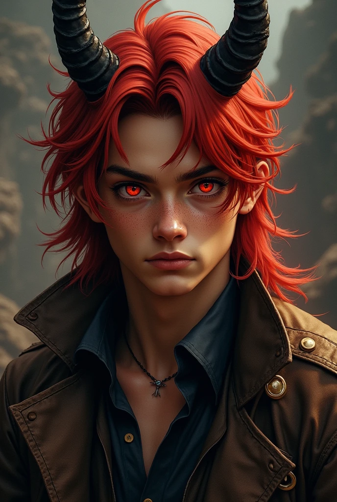 one  men, Youngh, with brown skin and some freckles on her cheeks, long red hair, Dark Horns, red eyes and a leather outfit and jacket.