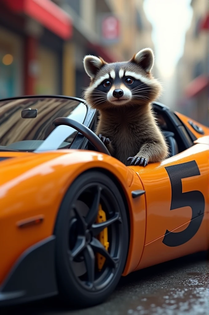 Cute raccoon in a McLaren fanatic car with the number 5 on the car 