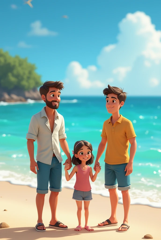 A beach. crystalline waters. In the foreground a girl with two men holding hands. The style of the image Pixar cartoons.