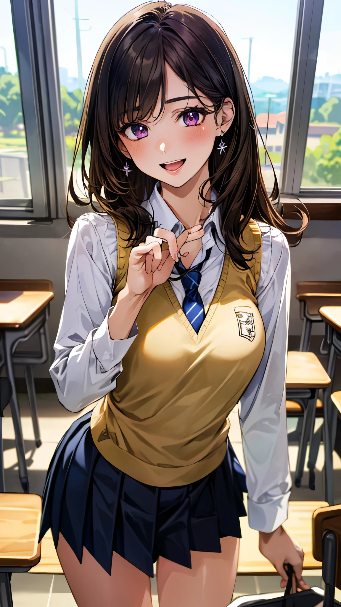 (masterpiece:1.3, top-quality, ultra high res, ultra detailed), (realistic, photorealistic:1.3), beautiful illustration, perfect lighting, natural lighting, colorful, depth of fields, surrealism,
beautiful detailed hair, beautiful detailed face, beautiful detailed eyes, beautiful clavicle, beautiful body, beautiful chest, beautiful thigh, beautiful legs, beautiful fingers,
looking at viewer, selfie, 1 girl, high school girl, (perfect anatomy, anatomically correct, super detailed skin), cute and symmetrical face, perfect face, perfect eyes, babyface, shiny skin,
(long hair, straight hair, dark brown hair), swept bangs, purple eyes, big eyes, drooping eyes, long eyelashes, (medium breasts, seductive thighs), slender, outstanding style,
(detailed cloth texture, break (khaki color knit vest), break long sleeve white collared shirt, break navy pleated skirt), break dark red tie,
(beautiful scenery), evening, (school classroom:1.2), (standing, pose with movement), (lovely smile, open mouth),