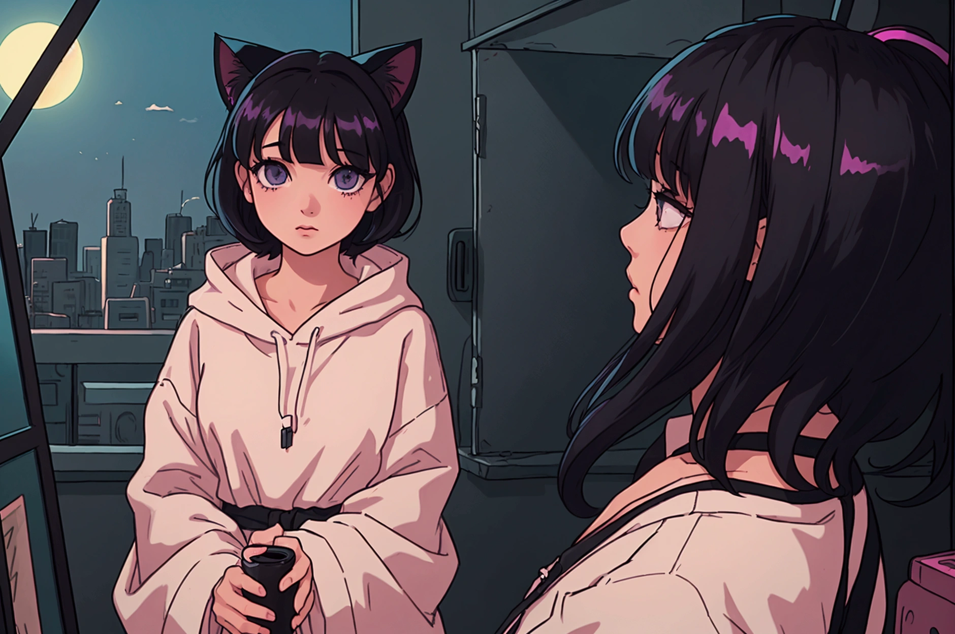 A girl with short black hair and cat ears, wearing dark clothes,with shiny hair with a relaxing atmosphere. She is a little further away, with a view of her from the waist up, listening to music, and the detailed and vibrant colors, reflecting an 80s and 90s anime aesthetic, mixed with a touch of Fujifilm aesthetics. The girl has beautiful eyes, and the entire composition is in 4K, capturing the lofi aesthetic with a soft and tranquil atmosphere.