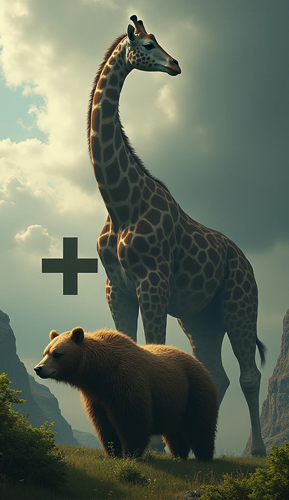 A tall giraffe stands in a grassy landscape under a dramatic sky filled with clouds. In the foreground, a bear is visible, looking toward the viewer. The composition features a + symbol overlaying the two animals, suggesting a merging or combination of the two species.