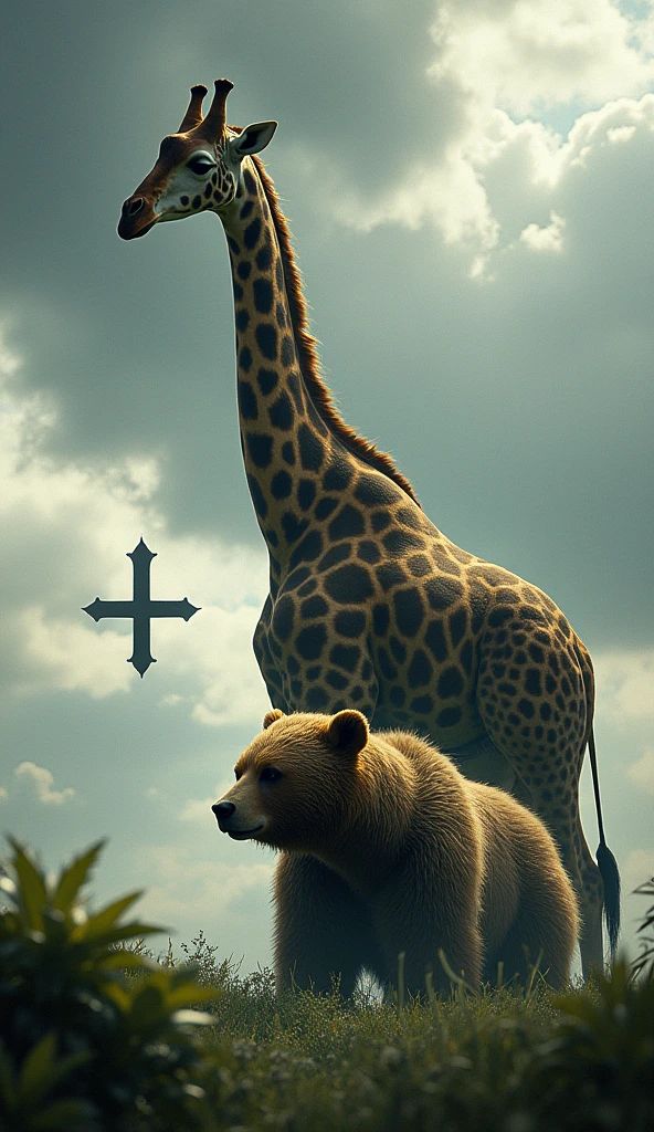 A tall giraffe stands in a grassy landscape under a dramatic sky filled with clouds. In the foreground, a bear is visible, looking toward the viewer. The composition features a + symbol overlaying the two animals, suggesting a merging or combination of the two species.