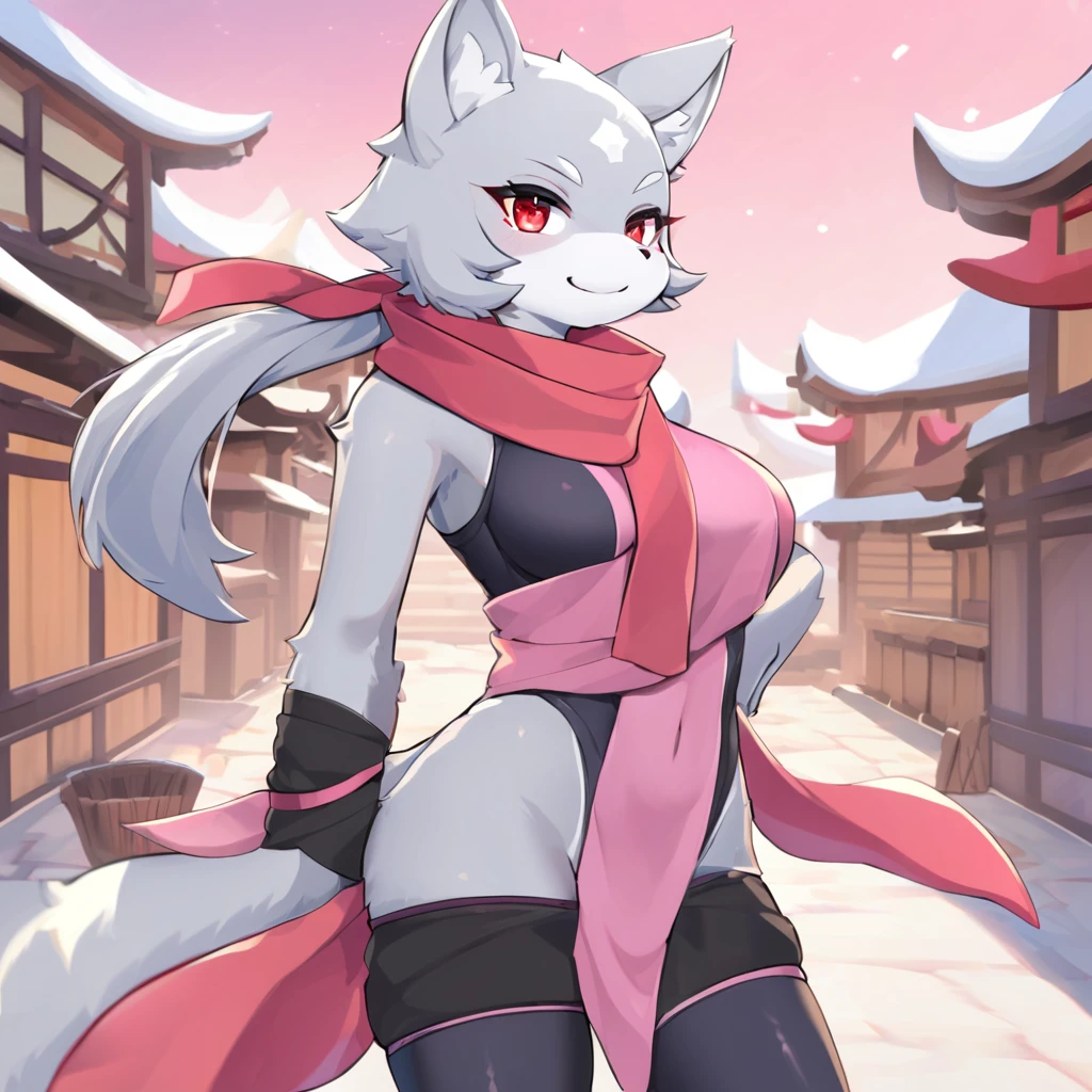 ((masterpiece, best quality)), (anthro furry:1.3, snout:1.2, anthro:1.3, furry:1.2, solo female:1.2, smug smile), Furry, kemono, furry cat, anthropomorphic, female, silver fur, silver skin, red eyes, ninja clothes, sexy clothes, revealing clothes, scarf, ((pink clothing)), ninja theme, uploaded on e621, fantasy town