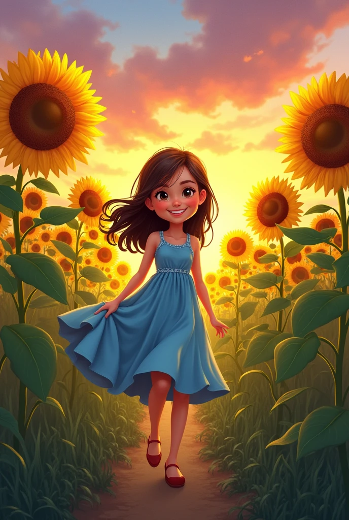 girl in blue dress, in a field of sunflowers, Sunset, Cartoon, Whole body
