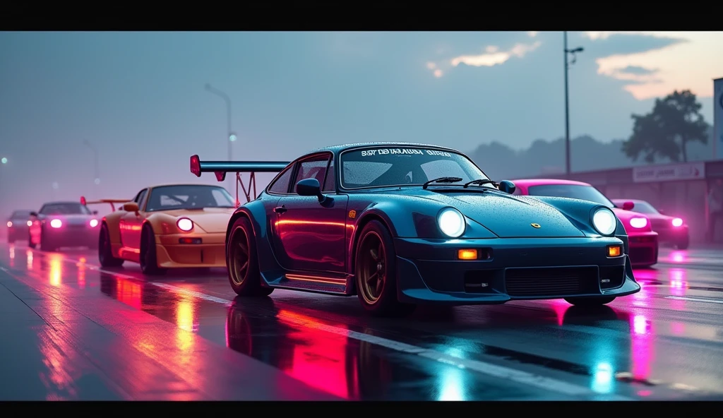 On a wide avenue, several high-performance street cars with custom paint and neon underglow lights are lined up. The drivers are tense, exchanging intense glances as they prepare for the race —ar 16:9.