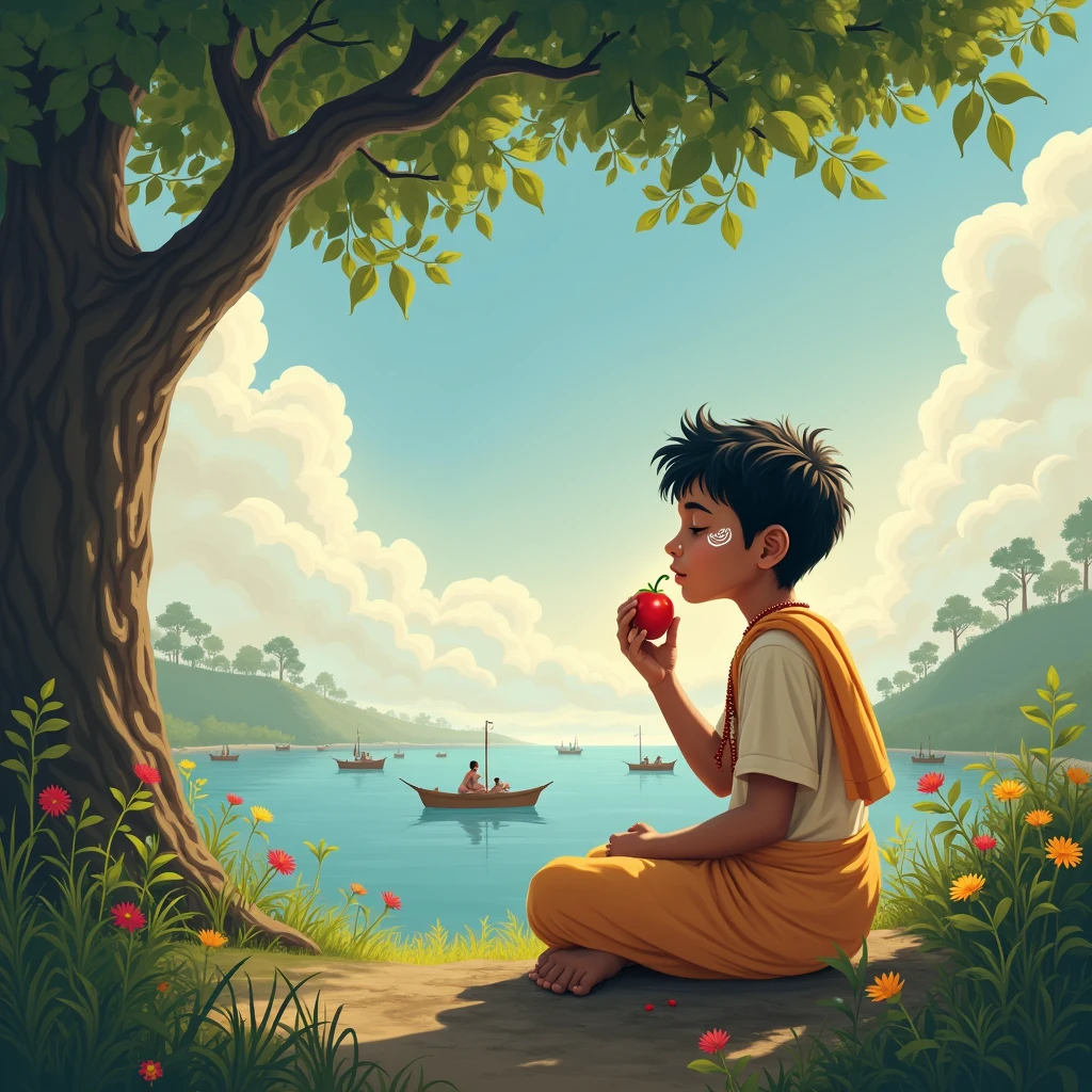 Create an image that there are clouds in the sky, there is sea below and there are many boats, but there is a boy who is very beautiful, he has a tilak on his head and a small Rudraksha rosary in his hand and also some parts of his body. You are wearing light saffron clothes. The boy goes to a forest and sits near a tree and starts eating a fruit.