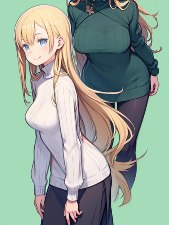 One Girl、Side view、Angle from the side、Blonde Hair、long hair、Blue Eyes、Big Breasts、Turtleneck sweater、Green clothes、Above the knees image、Simple white background、smile、Stand up straight、