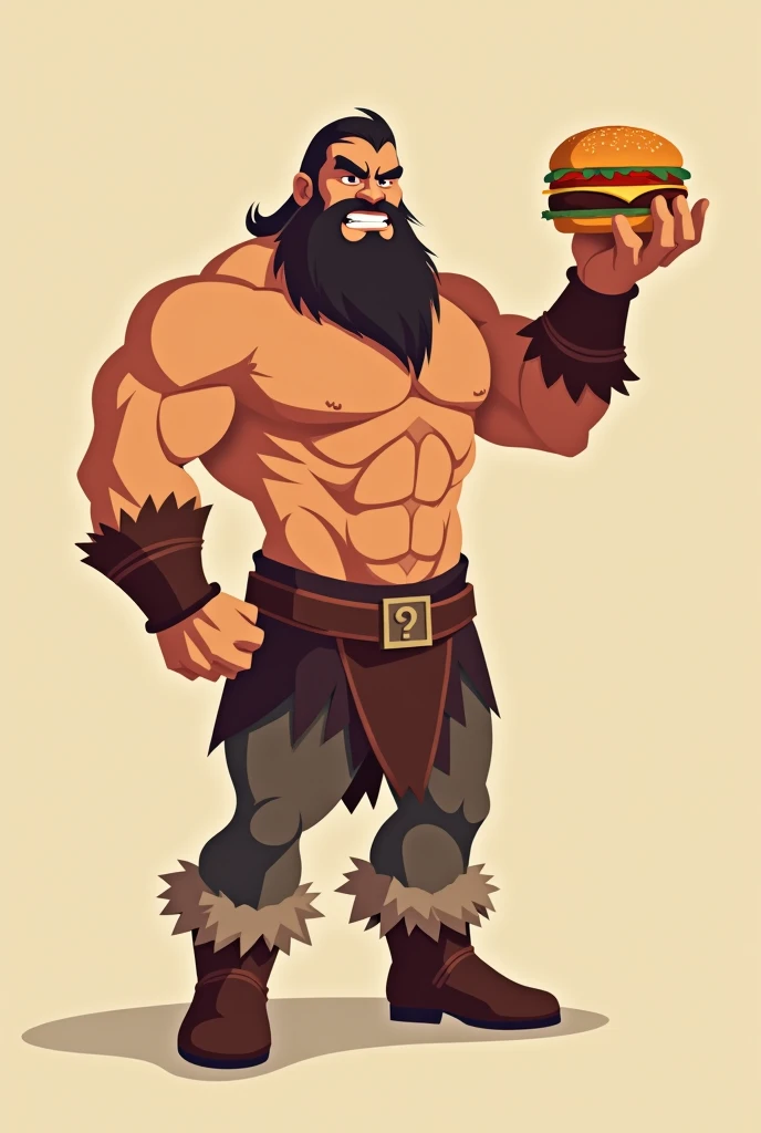 Make an image of a barbarian holding a hamburger in a flat style drawing