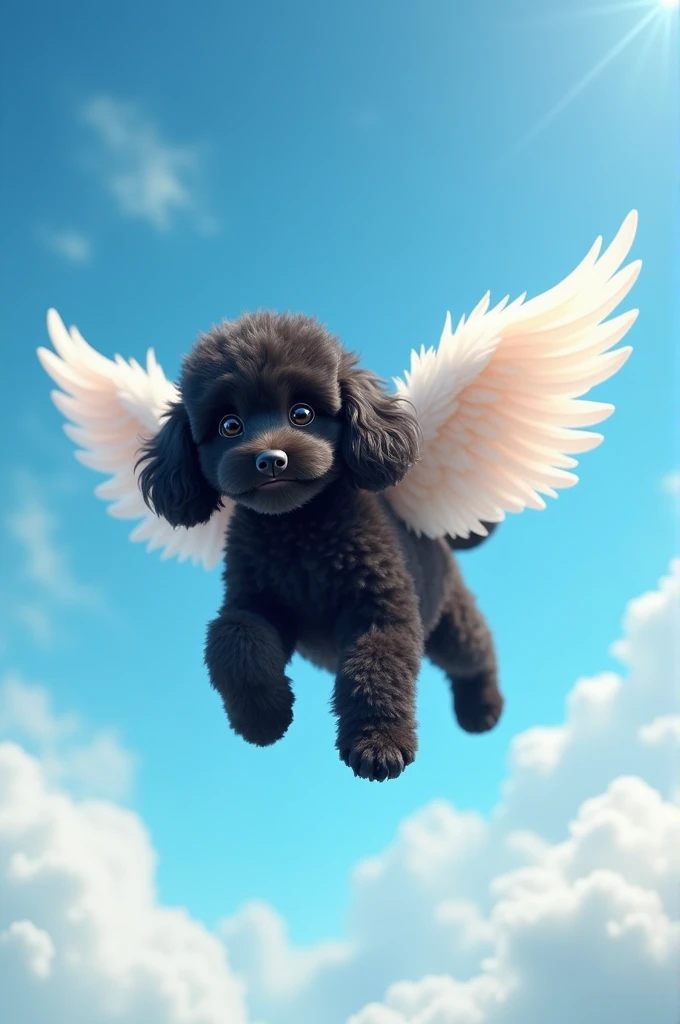 Black poodle puppy with wings in the sky